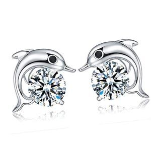💐 925 Sterling Silver Dolphin CZ Stud earrings